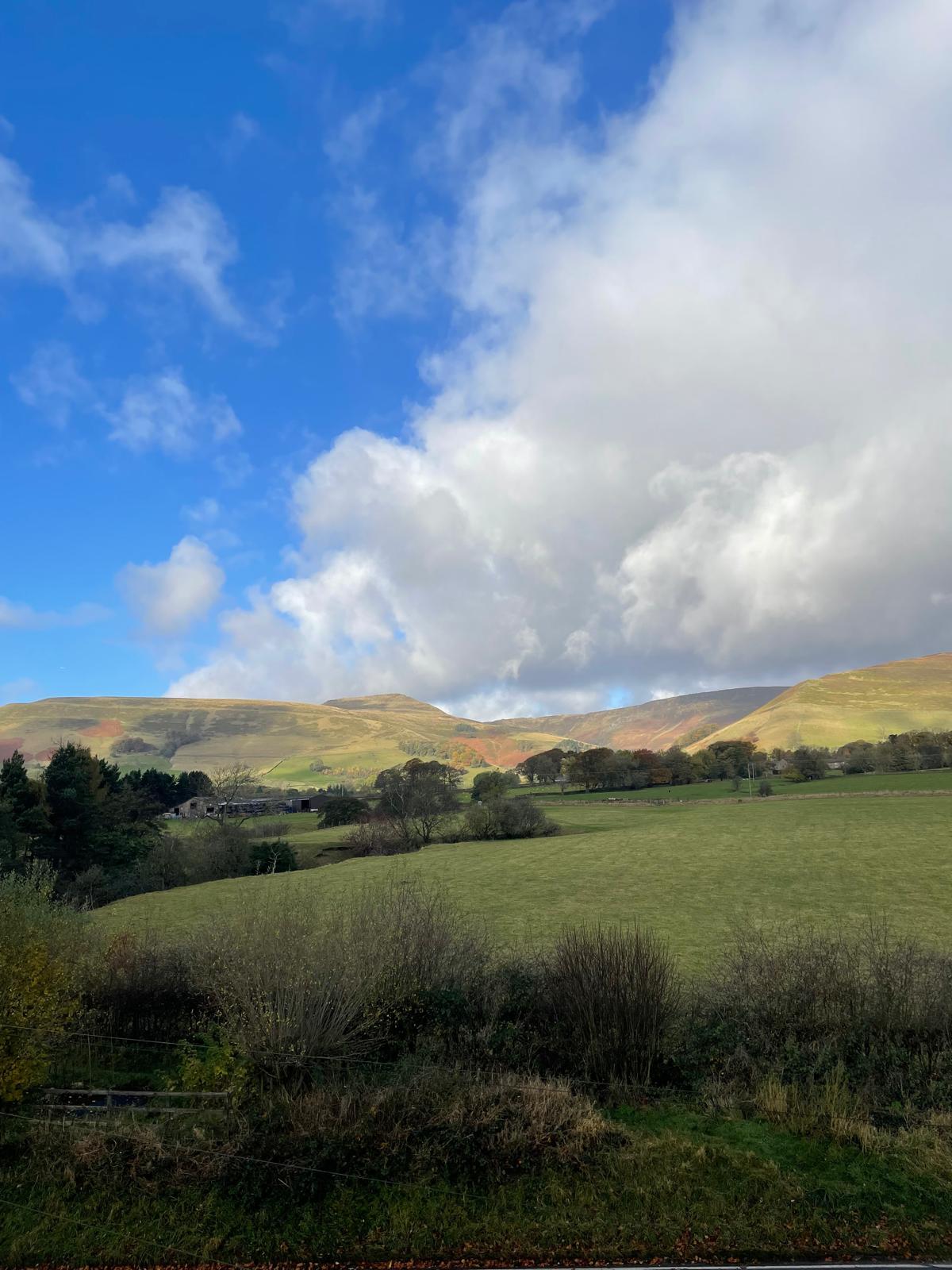 Scenic view of rolling hills and lush greenery from a luxury cottage, showcasing stunning mountain vistas