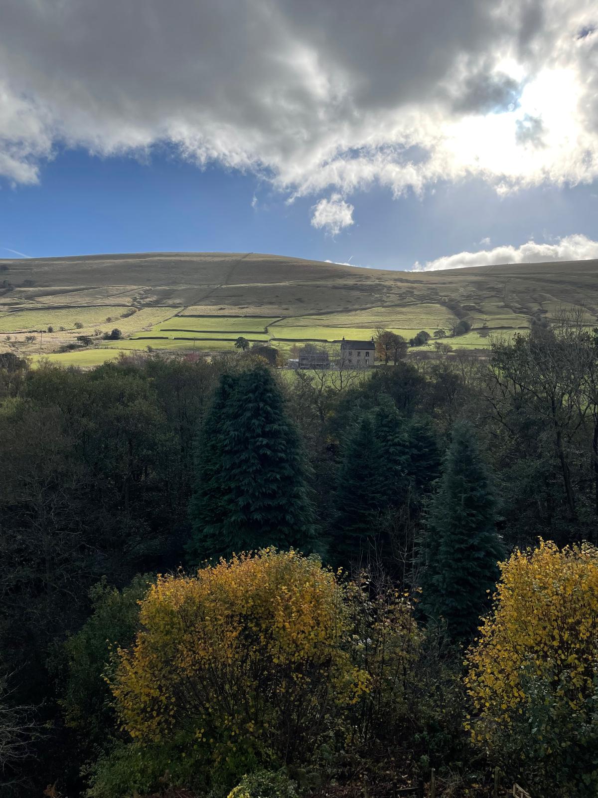 Scenic view of a luxury cottage surrounded by lush greenery and rolling hills under a dramatic sky