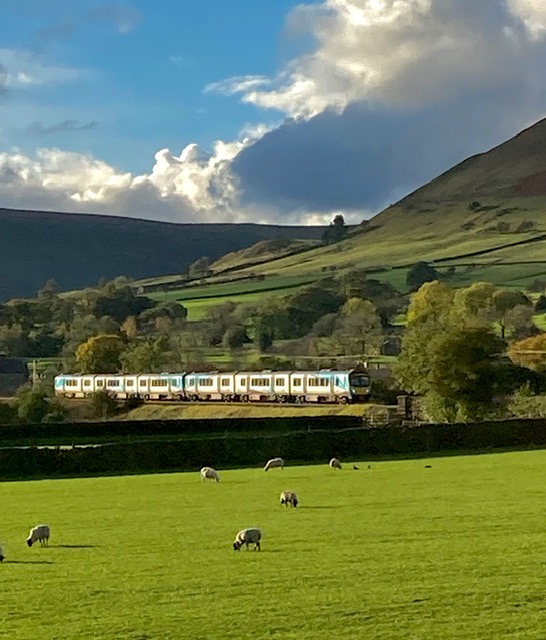 Scenic view of a train passing through lush green fields with sheep, framed by rolling hills and dramatic clouds